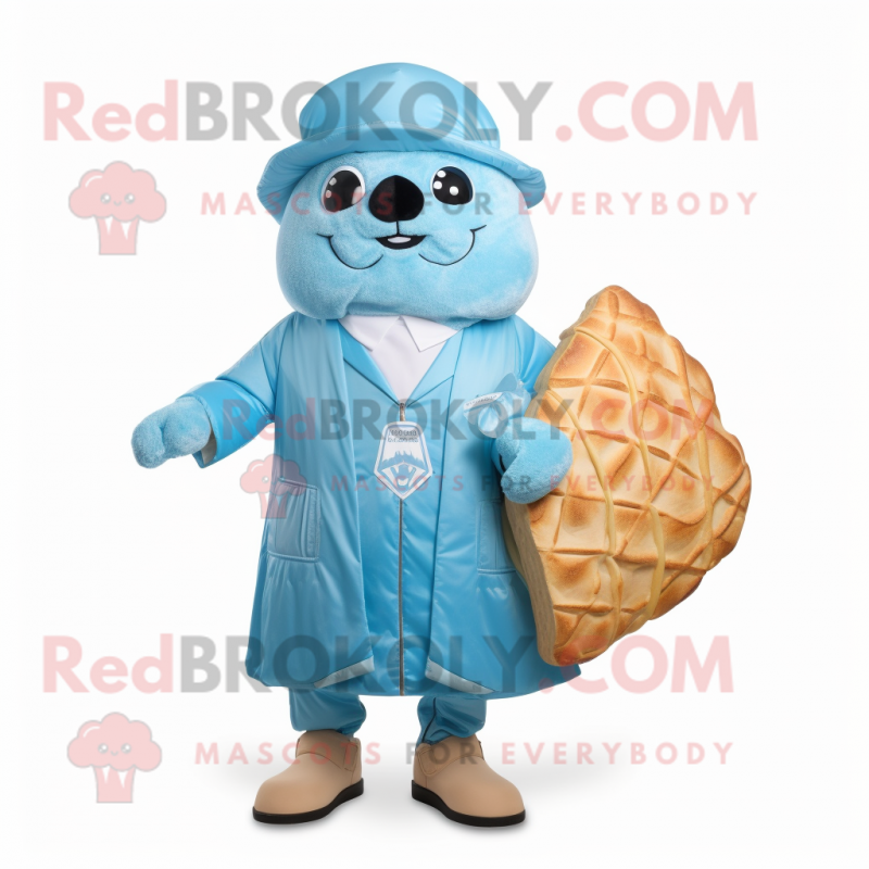 Sky Blue Croissant mascot costume character dressed with a Raincoat and Pocket squares