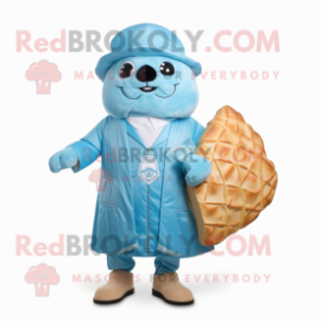 Sky Blue Croissant mascot costume character dressed with a Raincoat and Pocket squares