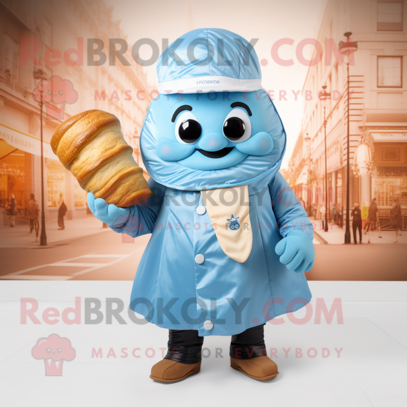Sky Blue Croissant mascot costume character dressed with a Raincoat and Pocket squares Sky Blue Croissant mascot costume character dressed with a Raincoat and Pocket squares