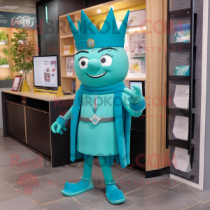 Teal Queen mascot costume character dressed with a Jeggings and Belts