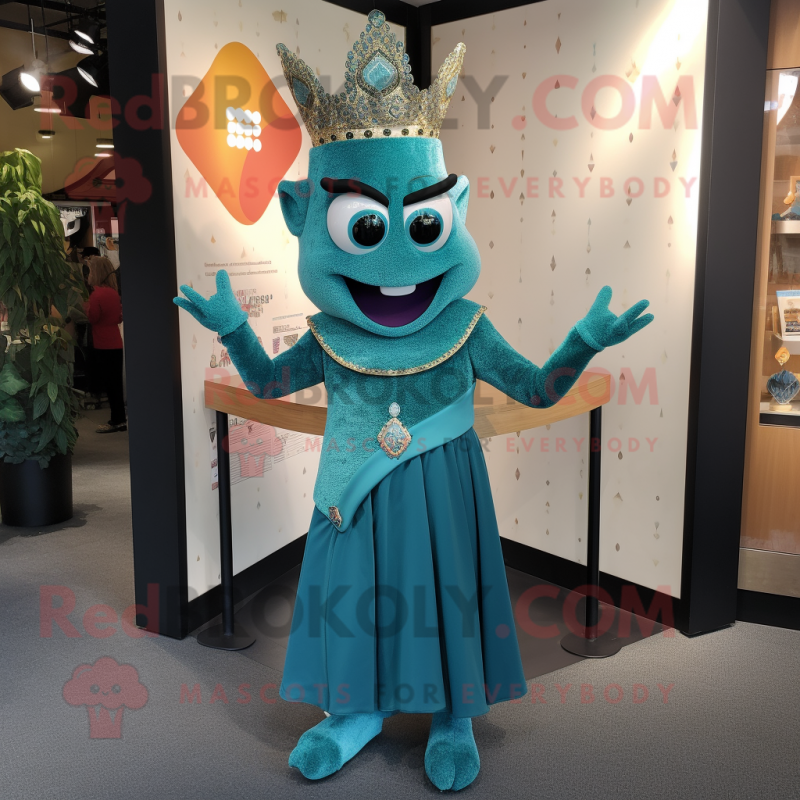 Teal Queen mascot costume character dressed with a Jeggings and Belts