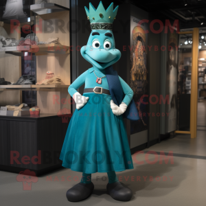 Teal Queen mascot costume character dressed with a Jeggings and Belts