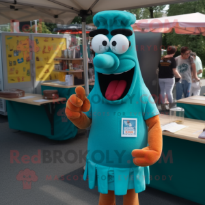 Teal Currywurst mascot costume character dressed with a Polo Shirt and Reading glasses