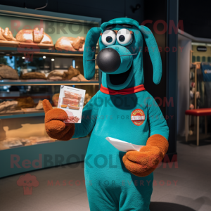 Teal Currywurst mascot costume character dressed with a Polo Shirt and Reading glasses