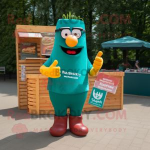 Teal Currywurst mascot costume character dressed with a Polo Shirt and Reading glasses