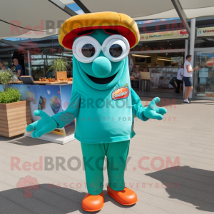 Teal Currywurst mascot costume character dressed with a Polo Shirt and Reading glasses