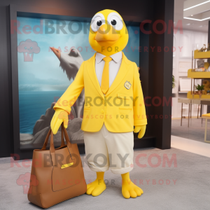 Yellow Seagull mascot costume character dressed with a Blazer and Tote bags