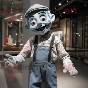 Gray Mime mascot costume character dressed with a Denim Shirt and Suspenders