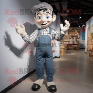 Gray Mime mascot costume character dressed with a Denim Shirt and Suspenders