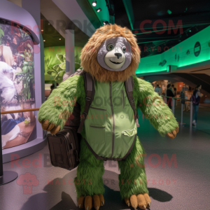 Green Giant Sloth mascot costume character dressed with a Henley Shirt and Backpacks