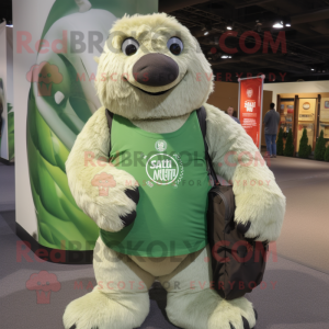 Green Giant Sloth mascot costume character dressed with a Henley Shirt and Backpacks