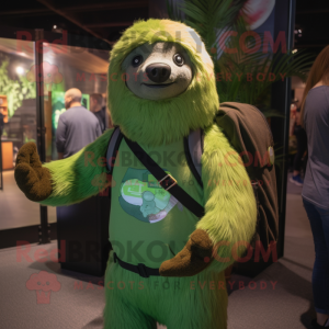 Green Giant Sloth mascot costume character dressed with a Henley Shirt and Backpacks