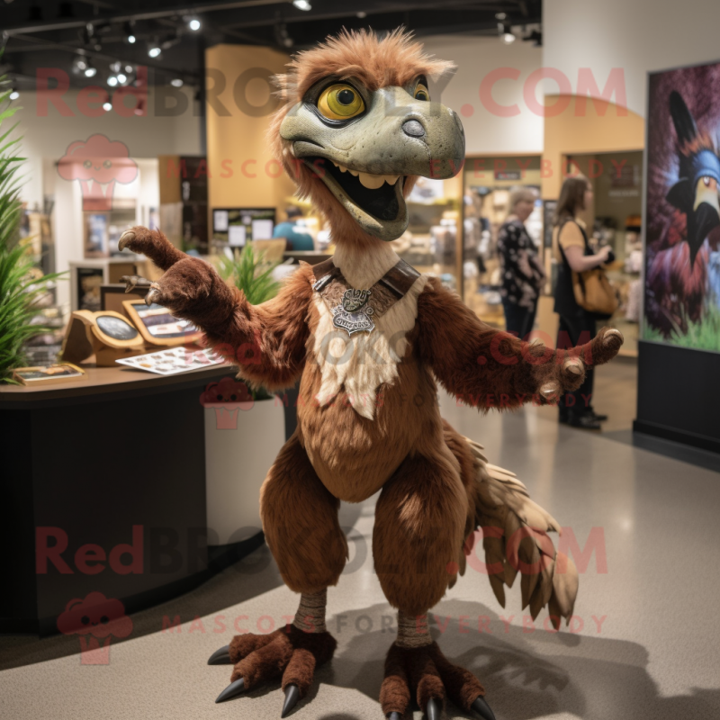 Brown Utahraptor mascot costume character dressed with a Shift Dress and Earrings