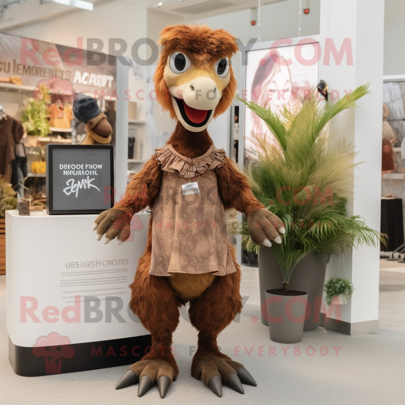 Brown Utahraptor mascot costume character dressed with a Shift Dress and Earrings Brown Utahraptor mascot costume character dressed with a Shift Dress and Earrings