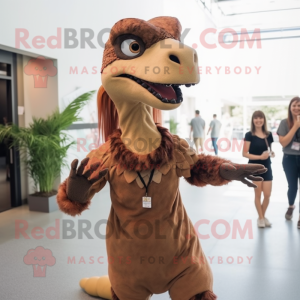 Brown Utahraptor mascot costume character dressed with a Shift Dress and Earrings