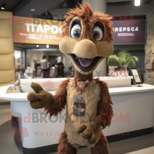 Brown Utahraptor mascot costume character dressed with a Shift Dress and Earrings