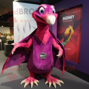 Magenta Pterodactyl mascot costume character dressed with a Cover-up and Keychains