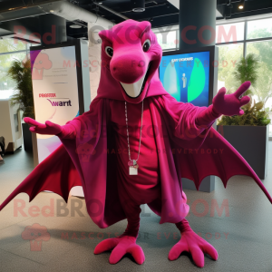 Magenta Pterodactyl mascot costume character dressed with a Cover-up and Keychains