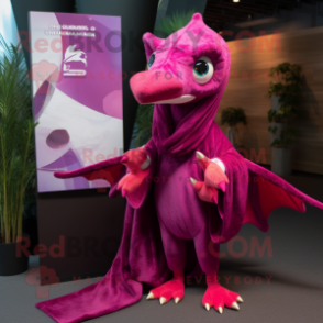 Magenta Pterodactyl mascot costume character dressed with a Cover-up and Keychains