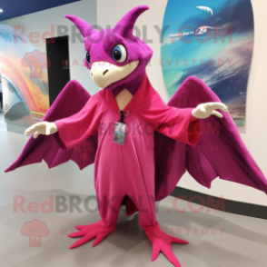 Magenta Pterodactyl mascot costume character dressed with a Cover-up and Keychains