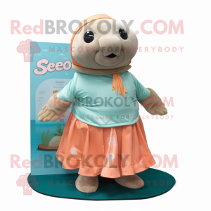 Peach Stellar'S Sea Cow mascot costume character dressed with a Wrap Skirt and Shoe clips