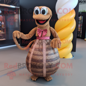 Brown Snake mascot costume character dressed with a Ball Gown and Ties