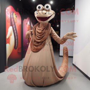 Brown Snake mascot costume character dressed with a Ball Gown and Ties