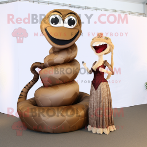 Brown Snake mascot costume character dressed with a Ball Gown and Ties