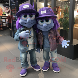 Purple Momentum mascot costume character dressed with a Boyfriend Jeans and Berets