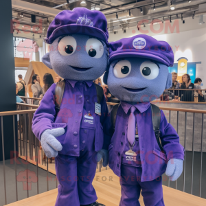 Purple Momentum mascot costume character dressed with a Boyfriend Jeans and Berets