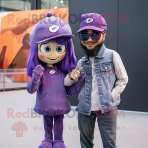 Purple Momentum mascot costume character dressed with a Boyfriend Jeans and Berets