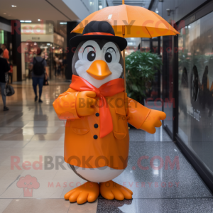 Orange Penguin mascot costume character dressed with a Raincoat and Bow ties