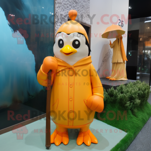 Orange Penguin mascot costume character dressed with a Raincoat and Bow ties