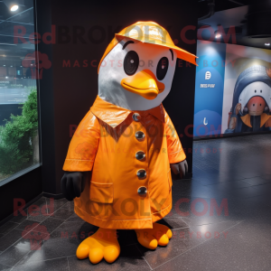 Orange Penguin mascot costume character dressed with a Raincoat and Bow ties