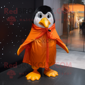 Orange Penguin mascot costume character dressed with a Raincoat and Bow ties