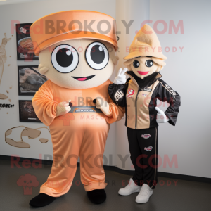 Peach Ramen mascot costume character dressed with a Moto Jacket and Caps