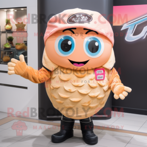 Peach Ramen mascot costume character dressed with a Moto Jacket and Caps