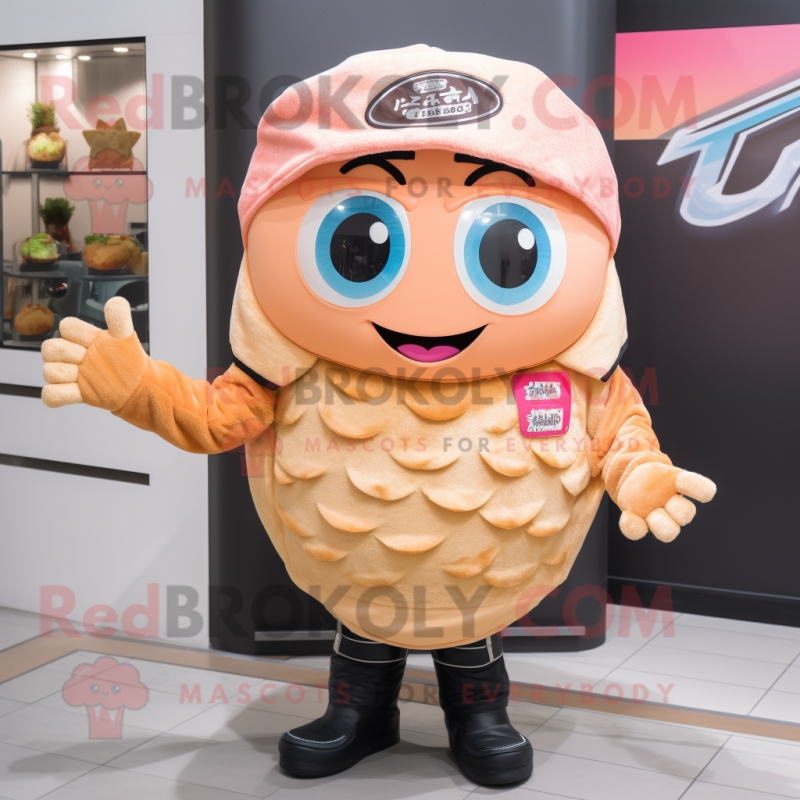 Peach Ramen mascot costume character dressed with a Moto Jacket and Caps Peach Ramen mascot costume character dressed with a Moto Jacket and Caps