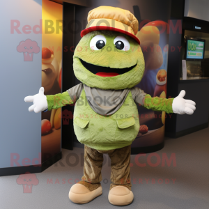 Olive Hamburger mascot costume character dressed with a Vest and Caps