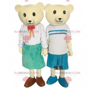 2 mascots of yellow bears, couple of teddy bears -