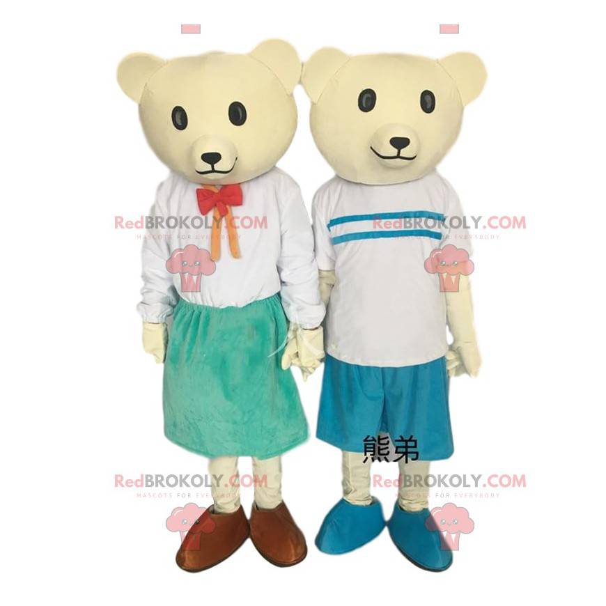 2 mascots of yellow bears, couple of teddy bears -