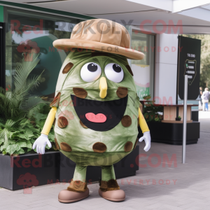 Olive Hamburger mascot costume character dressed with a Vest and Caps