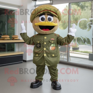 Olive Hamburger mascot costume character dressed with a Vest and Caps