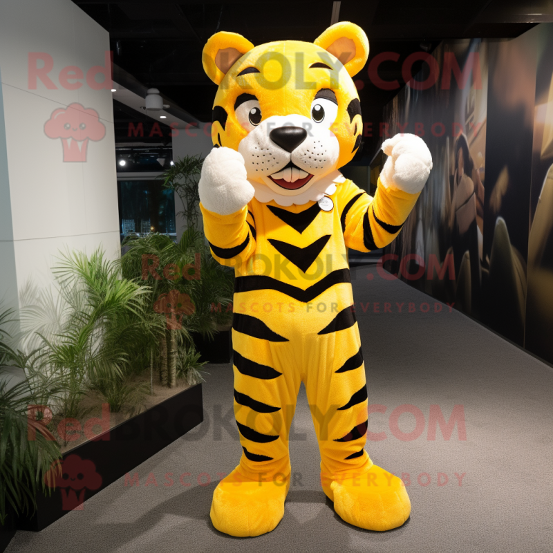 Lemon Yellow Tiger mascot costume character dressed with a Jumpsuit and Suspenders