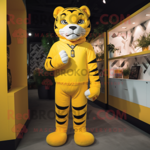 Lemon Yellow Tiger mascot costume character dressed with a Jumpsuit and Suspenders