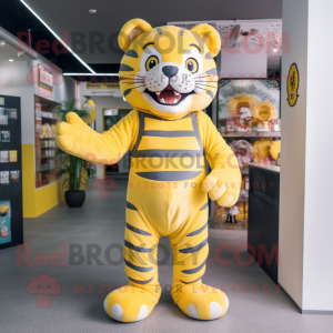 Lemon Yellow Tiger mascot costume character dressed with a Jumpsuit and Suspenders