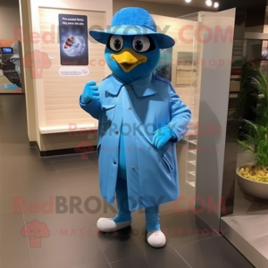 Sky Blue Blue Jay mascot costume character dressed with a Raincoat and Bracelet watches