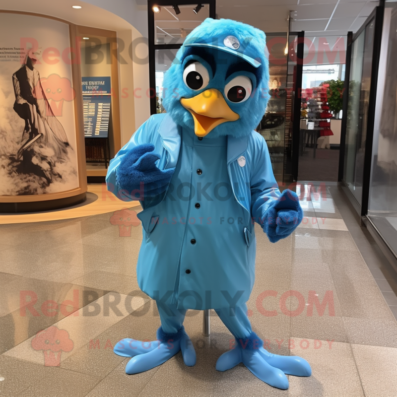 Sky Blue Blue Jay mascot costume character dressed with a Raincoat and Bracelet watches