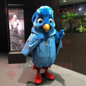 Sky Blue Blue Jay mascot costume character dressed with a Raincoat and Bracelet watches