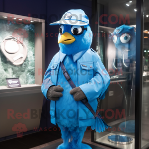 Sky Blue Blue Jay mascot costume character dressed with a Raincoat and Bracelet watches